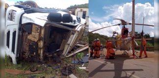 BR-356, Itabirito: Após acidente, motorista de caminhão é levado para o João XXIII de helicóptero