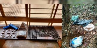 Itabirito: seguindo pistas por mata no Marzagão, PM acha 598 pinos com cocaína e muita maconha À esquerda, as drogas apreendidas. À direita, onde elas foram encontradas pelos militares. Foto- PMMG