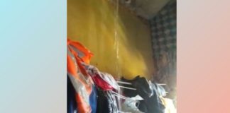 Itabirito: vídeo mostra apartamento alagado por falha em obra contratada pela Prefeitura Um dos pontos do apartamento em que a água jorrava da parede. Foto - Reprodução