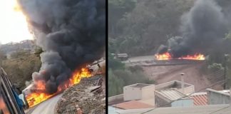 Itabirito, BR-356: caminhão pega fogo após pane elétrica; veja vídeo Incêndio destrói caminhão em Itabirito. Fotos - Reproduções