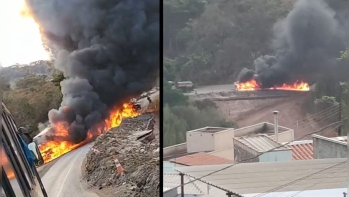 Incêndio destrói caminhão em Itabirito. Fotos - Reproduções