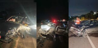 Itabirito, BR-356: Fox entra na contramão, bate em Gol, que gira e acerta um Uno Estrago grande: os 3 carros envolvidos no acidente na BR-356, em Itabirito. Fotos - CBMMG