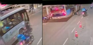 Itabirito: em uma bicicleta, adolescente de 15 anos é atropelado por ônibus da Serra Verde; veja vídeo Imagens do acidente. À esquerda, momento em que o ciclista é atingido. À direita, vítima ao chão. Fotos - Reproduções