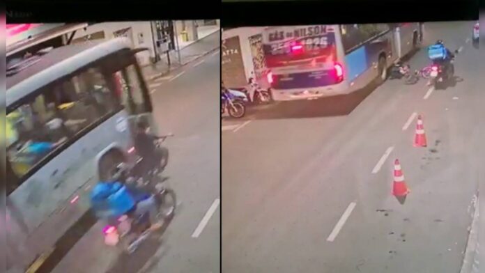 Imagens do acidente. À esquerda, momento em que o ciclista é atingido. À direita, vítima ao chão. Fotos - Reproduções