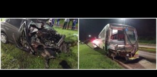 BR-040, Conselheiro Lafaiete: ônibus e carro se chocam e motorista fica preso às ferragens Veículos ficaram bastante danificados. Fotos - CBMMG. Montagem - Radar Geral