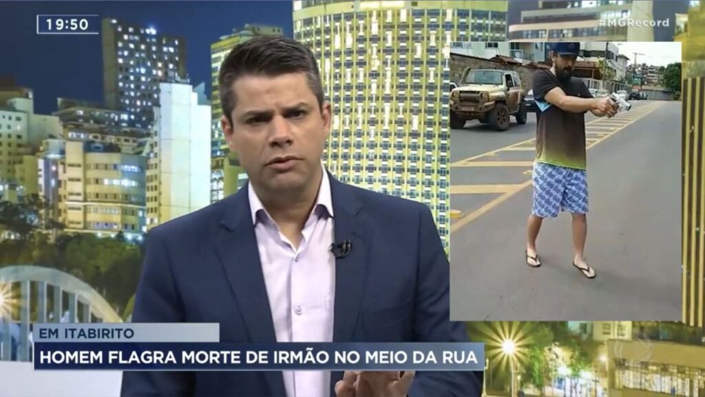 Imagem do estúdio do MG no Ar da Record TV Minas e, à direita, Paraíba atirando para matar. Foto - Reprodução