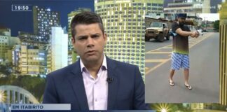 Assassinato a tiros no Bela Vista, em Itabirito, é destaque na Record TV Minas Imagem do estúdio do MG no Ar da Record TV Minas e, à direita, Paraíba atirando para matar. Foto - Reprodução