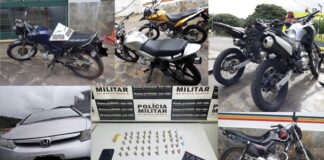 “Rolezinho” em Itabirito acaba com 3 presos e apreensões de 7 motos, 1 carro e 47 pinos de cocaína Seis das sete motos apreendidas, além de um carro e drogas. Foto - PMMG