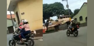 Itabirito: 2 menores de moto fogem da PM, entram na contramão, mas são apreendidos; veja vídeo À esquerda, os dois adolescentes fugindo de moto pela contramão. À direita, PM no encalço. Foto - Reprodução