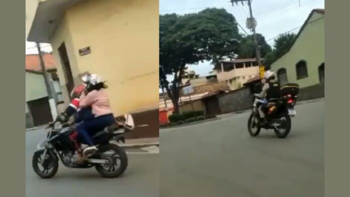 À esquerda, os dois adolescentes fugindo de moto pela contramão. À direita, PM no encalço. Foto - Reprodução