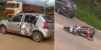 Itabirito, BR-356: acidente deixa motociclista, de Cachoeira do Campo, com traumatismo craniano Carro e moto que se envolveram em acidente na BR-356, em Itabirito. Foto - Reprodução