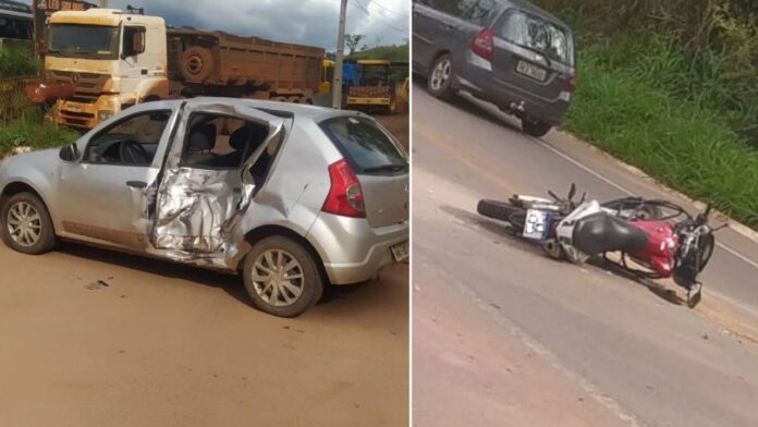 Carro e moto que se envolveram em acidente na BR-356, em Itabirito. Foto - Reprodução