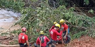 Chuvas em Minas Gerais: Corpo de Bombeiros atende 68 ocorrências em 24h Bombeiros trabalham em Antônio Dias. Foto - CBMMG
