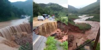 MG-262: pista que liga Ponte Nova a Mariana tem deslizamento parcial por conta de chuvas ; veja vídeos Chuvas derrubaram parte da pista entre Ponte Nova e Mariana - Fotos: Reprodução