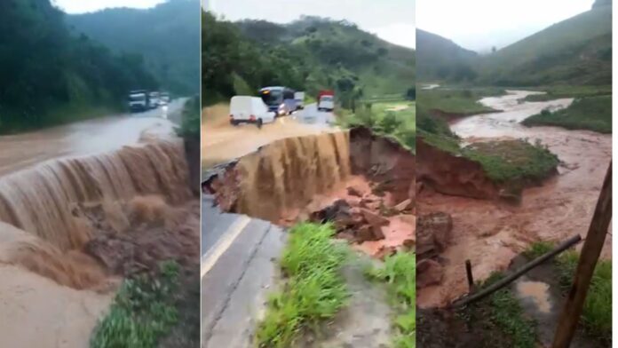 Chuvas derrubaram parte da pista entre Ponte Nova e Mariana - Fotos: Reprodução