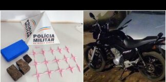 Mariana: jovem suspeito de ser traficante e seu provável fornecedor de droga são presos pela PM Drogas e moto apreendidas pela PM em Mariana. Foto - PMMG