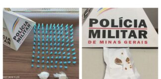 Itabirito: em denúncia de violência doméstica, PM encontra 108 pinos e 2 pedras brutas de cocaína Drogas apreendidas pela PM de Itabirito em 2 ocorrências. Foto - PMMG