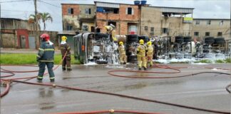 Risco de explosão: carreta tomba no Anel Rodoviário; veja fotos Bombeiros minimizam risco de explosão. Foto - CBMMG