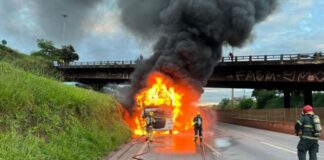 Carreta pega fogo no Anel Rodoviário; veja vídeos Trânsito ficou interditado durante o trabalho dos bombeiros. Foto - CBMMG