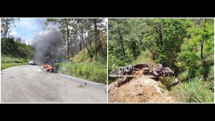 1 morre e 2 ficam feridos em acidente entre caminhão e caminhonete na BR-381; veja fotos