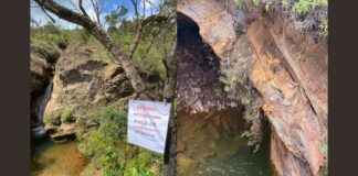 Populares alertam para risco de desmoronamento de rocha na Reserva Estadual do Uaimii, em Ouro Preto Rocha com risco de desmoronamento de rocha no Poço do Lobo - Floresta Uaimii