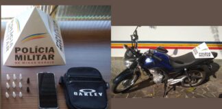 Itabirito: homem com drogas tenta fugir de moto da PM, mas acaba preso Moto e drogas apreendidas - Foto: PMMG