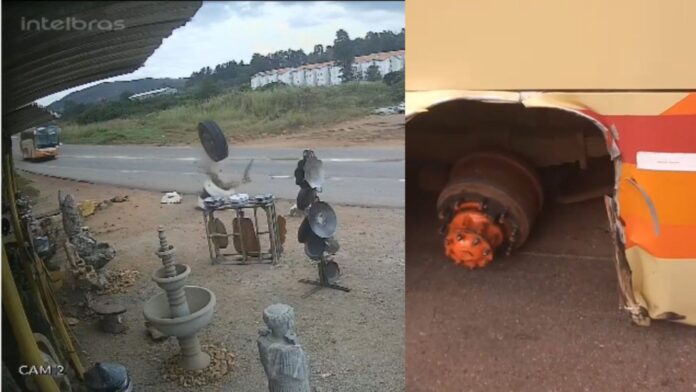 Cachoeira do Campo, Ouro Preto: rodas traseiras de ônibus da Transcotta em movimento se soltam na 356