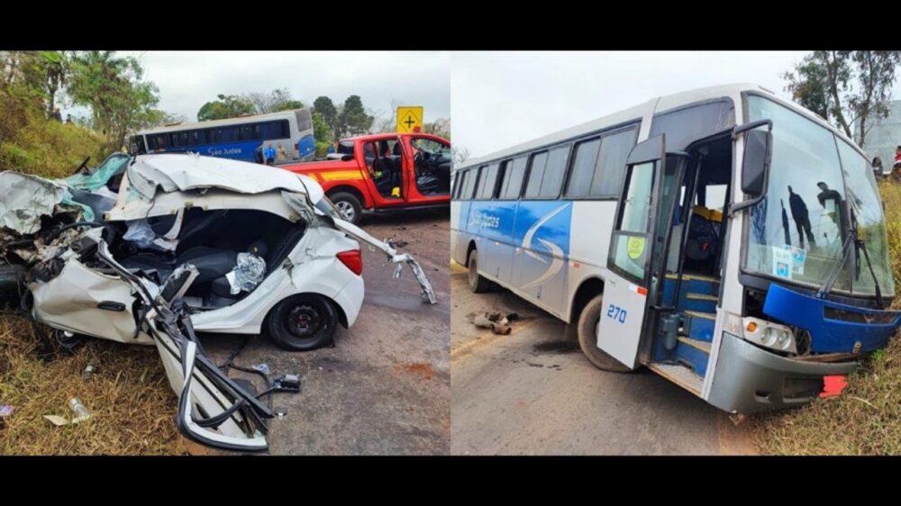 MG-129: colisão entre ônibus e carro deixa motorista com fraturas, em Conselheiro Lafaiete