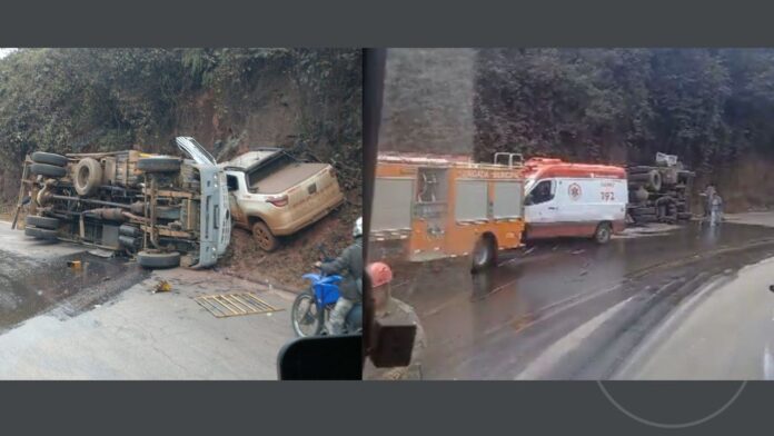 Itabirito, Serra da Santa: acidente entre caminhonete e caminhão deixa vítima presa às ferragens na BR-356
