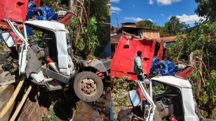 Caminhão carregado com bebida cai em córrego de Padre Viegas, em Mariana