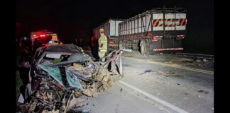 Acidente envolvendo caminhão bitrem e carro mata motorista na BR-267 Acidente envolvendo caminhão bitrem e carro mata motorista na BR-267