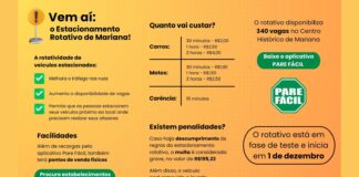 Rotativo de vagas volta a funcionar no Centro Histórico de Mariana Rotativo de vagas volta a funcionar no Centro Histórico de Mariana. Foto - divulgação.