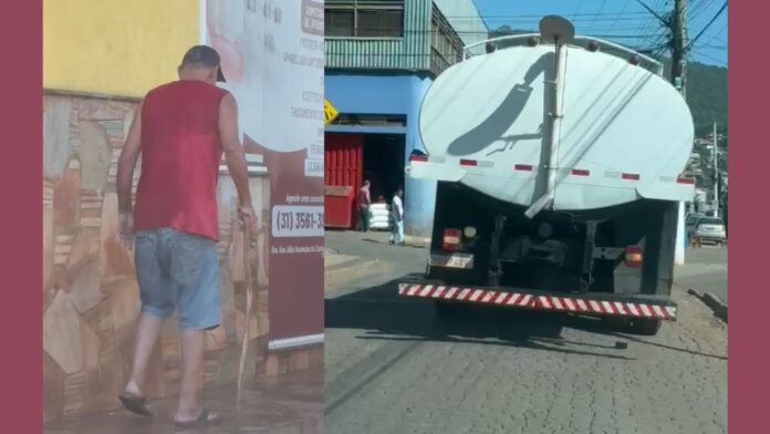 Caminhão-pipa deixa idoso ensopado no Centro de Itabirito e gera revolta nas redes sociais