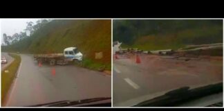 Itabirito, BR-356: caminhão trator carregado com postes perde freio e motorista joga veículo em muro Itabirito, BR-356: caminhão trator carregado com postes perde freio e motorista joga veículo em muro