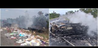 Caminhões se chocam, pegam fogo e motoristas saem ilesos na MGC-451 Caminhões se chocam, pegam fogo e motoristas saem ilesos na MGC-451