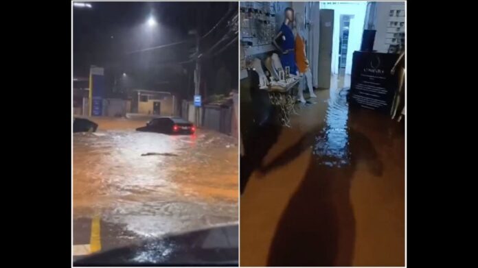 Chuva em Itabirito, 50 mm em 25 min: vídeo mostra carro em situação complicada na Rua da Carioca alagada