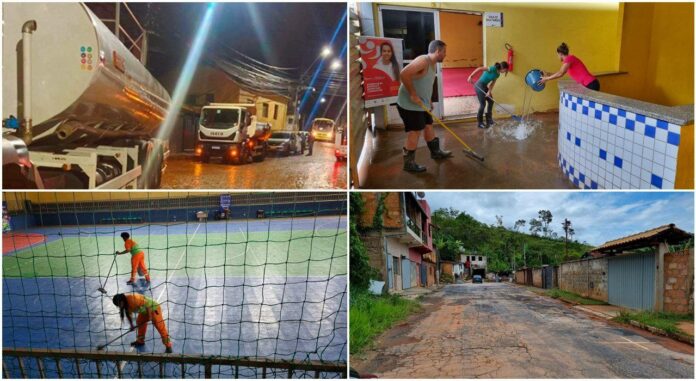 Logo após fortes chuvas, trabalhadores da Prefeitura limpam ruas de Itabirito