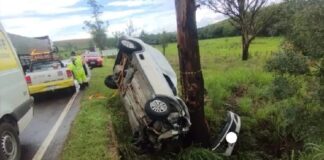 Homem perde controle do carro, capota e atinge árvore na BR-040