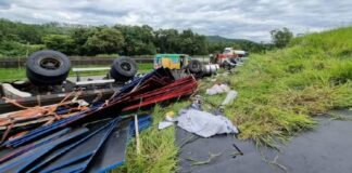 Mãe e filha morrem e caminhoneiro é resgatado em estado grave após caminhão tombar na BR-381