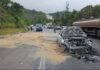 Após colisão com carreta, carro pega fogo na BR-040 Após colisão com carreta, carro pega fogo na BR-040