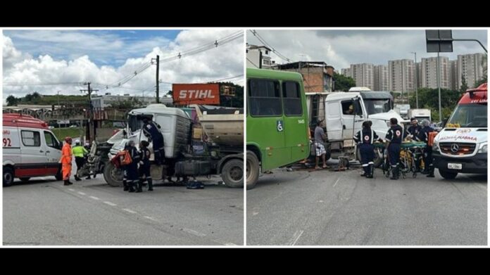 Grande BH: colisão entre ônibus e caminhão deixa motorista preso às ferragens