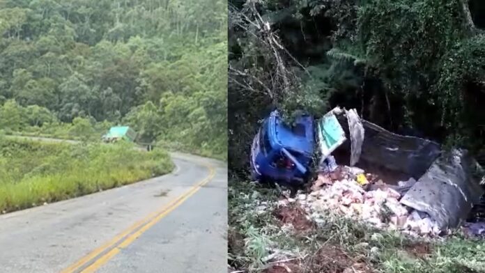 Vídeo registra caminhão ao cair de barranco na MG-129, entre Ouro Branco e Ouro Preto
