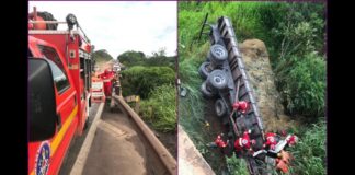 BR-153: carretas batem, caem de ponte; uma delas fica submersa, com condutor preso e em estado grave BR-153: carretas batem, caem de ponte; uma delas submersa, com condutor preso e em estado grave