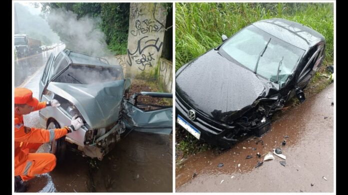 Cachoeira do Campo, Ouro Preto: com pista molhada, 2 carros se envolvem em acidente na BR-356; FOTOS