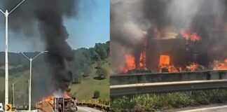 Minas Gerais: carreta que carregava sucata tomba e pega fogo na Fernão Dias Minas Gerais: carreta que carregava sucata tomba e pega fogo na Fernão Dias