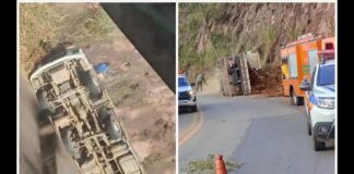 Itabirito, BR-356, Serra da Santa: caminhão perde freio e tomba após condutora jogar veículo em barranco Itabirito, BR-356: caminhão perde freio e tomba após condutora jogar veículo em barranco