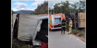 Itabirito, BR-356: caminhão tomba e homem fica preso às ferragens; 2h40 para desencarcerá-lo Itabirito, BR-356: caminhão tomba e homem fica preso às ferragens; 2h40 para desencarcerá-lo