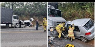 MG: colisão entre carro e caminhão deixa vítima presa às ferragens MG: colisão entre carro e caminhão deixa vítima presa às ferragens