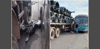 Em moto, casal fica ferido ao tentar passar em corredor entre caminhão e ônibus, em BH Em moto, casal fica ferido ao tentar passar em corredor entre caminhão e ônibus, em BH