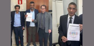 Dengue: Presidência da Câmara de Itabirito agracia atuação do MP e Justiça no caso Aline Morais Promotor de Justiça Dr. Vinícius, Vereador Anderson Martins, Promotor de Justiça Dr. Umberto e Juiz Dr. Antônio Francisco Gonçalves. Foto - reprodução.